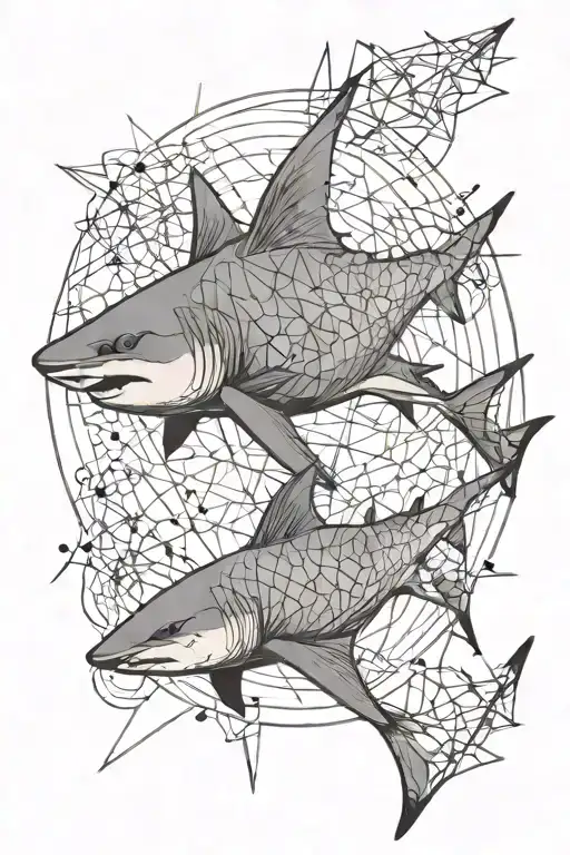 back tattoo with geometric line work and shapes centred around 3 separate bull shark from an aerial veiw tattoo design idea