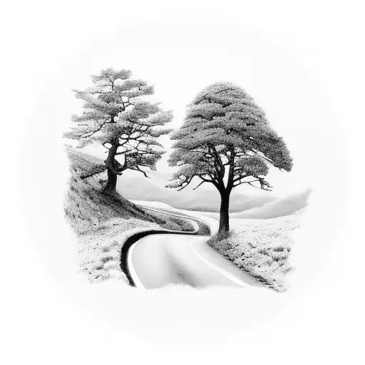 A black-grey tattoo of a serene landscape with a winding road leading towards a breathtaking sunset, incorporating elements of your occupation as a European driver and your admiration for the beauty of the sky. tattoo design idea