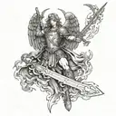 St. Michael the Archangel wielding a flaming sword against a horde of demons tattoo design idea