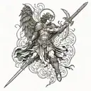St. Michael the Archangel wielding a flaming sword against a horde of demons tattoo design idea