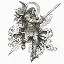 St. Michael the Archangel wielding a flaming sword against a horde of demons tattoo design idea