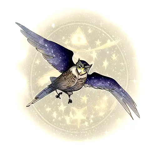 A Harry Potter themed tattoo of a magical owl flying across a starry night sky tattoo design idea