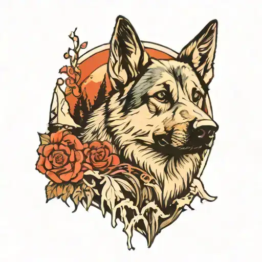 mountain and stream, German shepherd, wolf's, horses,guns tattoo design idea