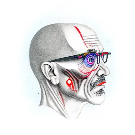A portrait of a famous serial killer merged with a futuristic computer interface tattoo design idea