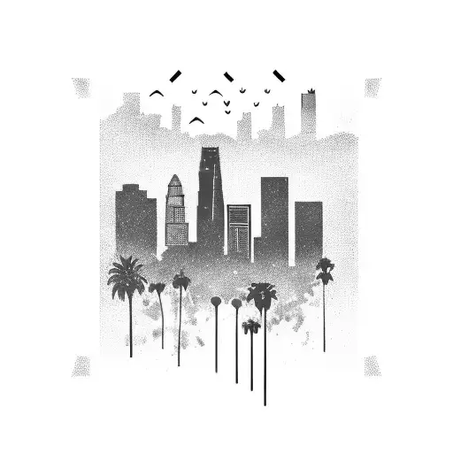 A silhouette of the Los Angeles skyline with a crowd of diverse people tattoo design idea