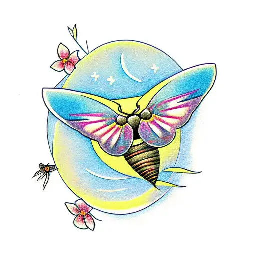 moth with a moon and flowers tattoo design idea