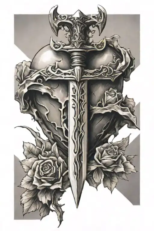 Sword piercing a heart made of stone tattoo design idea
