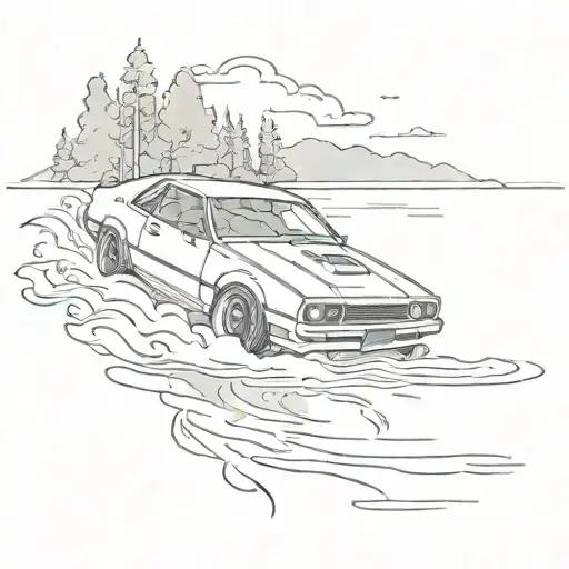 A design of a car drifting on a lake with $uicideboy$ logos in the background tattoo design idea