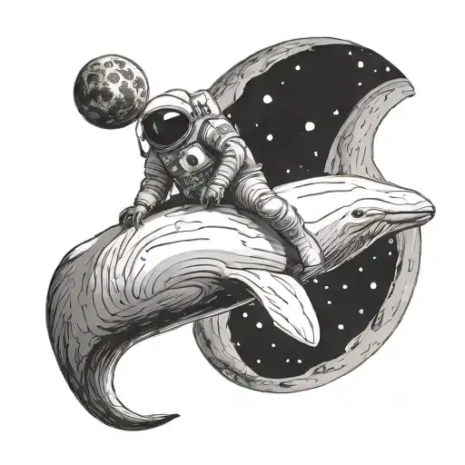 An astronaut riding a beluga in the universe approching the eyes of universe tattoo design idea