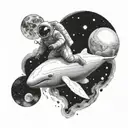 An astronaut riding a beluga in the universe approching the eyes of universe tattoo design idea