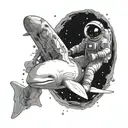 An astronaut riding a beluga in the universe approching the eyes of universe tattoo design idea