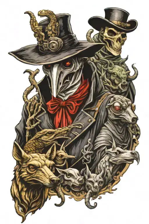 Scary plague doctor surrounded by a scary dog, scary boar, and a scary bull with a snake and skull boarder tattoo design idea