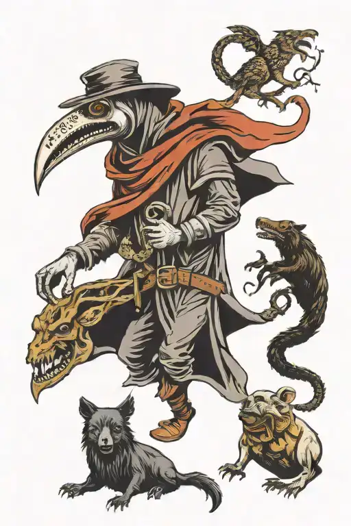 Scary plague doctor holding a snake surrounded by a scary boar and a scary bull. with a dog howling tattoo design idea