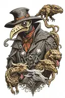 Scary plague doctor surrounded by a scary dog, scary boar, and a scary bull with a snake and skull boarder tattoo design idea