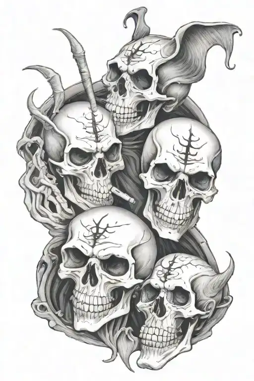 3 devil skeletons drinking and smoking tattoo design idea
