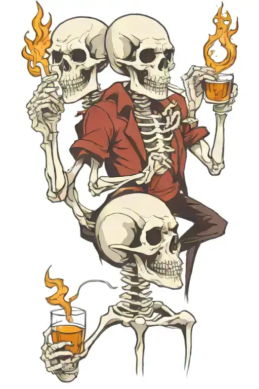 3 skeletons drinking,smoking tattoo design idea