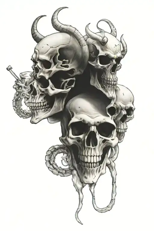 3 devil skeletons drinking and smoking tattoo design idea