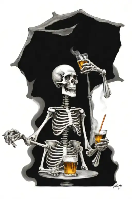 3 skeletons drinking,smoking tattoo design idea