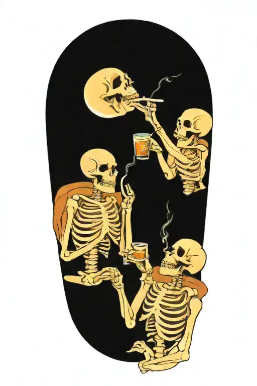 3 skeletons drinking,smoking tattoo design idea