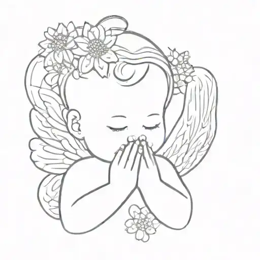 baby angel praying with Chrysanthemum in the hair. Not in full height (only face and hands). tattoo design idea