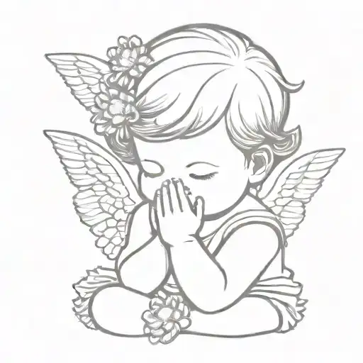 baby angel praying with Chrysanthemum in the hair mini tattoo tattoo design idea