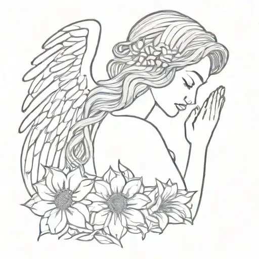 micro tattoo angel praying with Chrysanthemum in the hair tattoo design idea