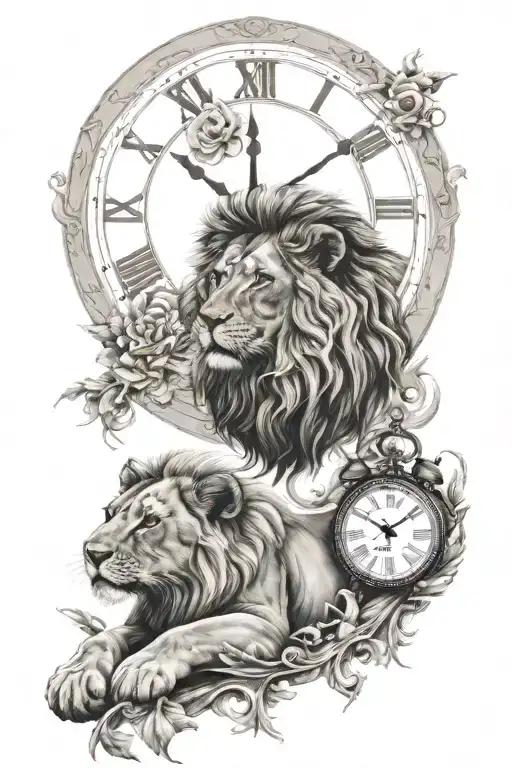 clock with lion and lion cub tattoo design idea