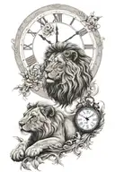 clock with lion and lion cub tattoo design idea