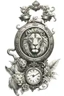 clock with lion and lion cub tattoo design idea