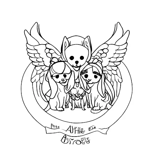 female dog with 2 angels tattoo design idea