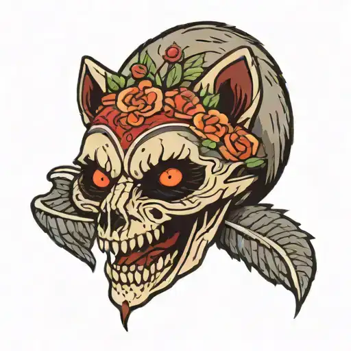 raccoon skull skokie in half, one side is snarling dripping blood, and the other side is a happy day of the dead skull  tattoo design idea
