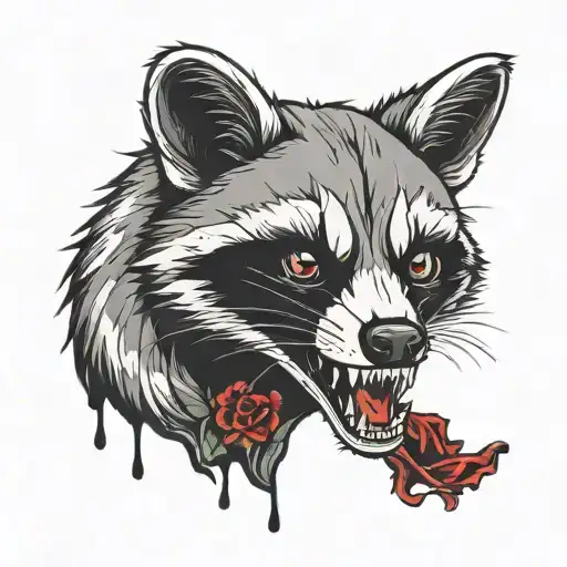 front facing raccoon skull split in half one side is snarling dripping blood, and the other sis a day of the dead skull  tattoo design idea