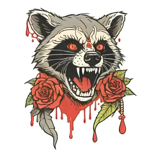 one half of a raccoon snarling dripping blood, and the other half is a day of the dead skull  tattoo design idea