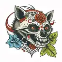 raccoon skull split in half, one side is snarling dripping blood, and the other side is a happy day of the dead skull  tattoo design idea