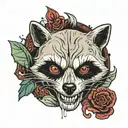 raccoon skull split in half, one side is snarling dripping blood, and the other side is a happy day of the dead skull  tattoo design idea