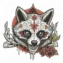 raccoon skull split in half, one side is snarling dripping blood, and the other side is a happy day of the dead skull  tattoo design idea