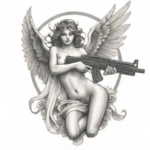 beautiful angel flying eyes open aiming ak47 nude tattoo design idea