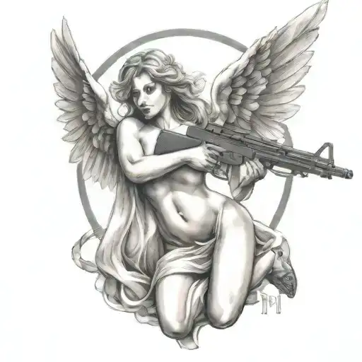 beautiful angel flying aiming ak47 nude spread out  tattoo design idea