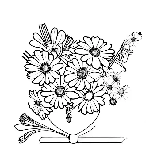 primrose, cosmos, daisy, gladiolus, and morning glory bouquet tattoo design idea