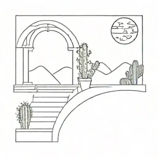 archway threshold with steps cacti and the moon and starts  tattoo design idea