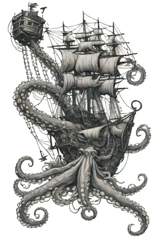 giant octopus atacking   a pirate ship tattoo design idea