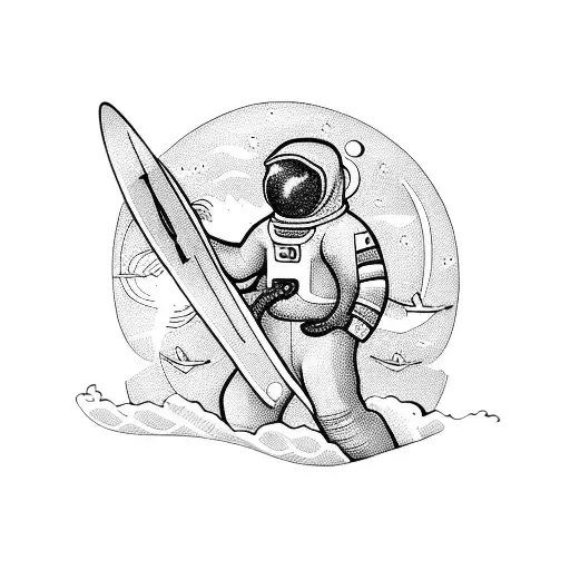 astronaut holding a surf board tattoo design idea