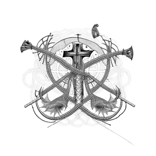 A fishing net woven with intricate Christian symbols like crosses and fish tattoo design idea