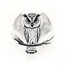 Owl standing on a branch surrounded by forest tattoo design idea