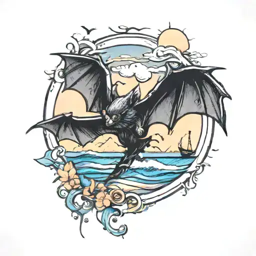 bat flying over a beach tattoo design idea
