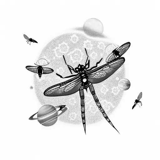 dragonfly with cherry blossom and bees, some planets/moon design with stars tattoo design idea
