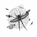 dragonfly with cherry blossom and bees, some planets/moon design with stars tattoo design idea