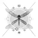 dragonfly with cherry blossom and bees, some planets/moon design with stars tattoo design idea
