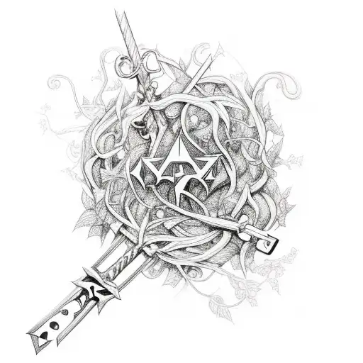 A Kingdom Hearts keyblade entwined with vines and surrounded by nature elements tattoo design idea