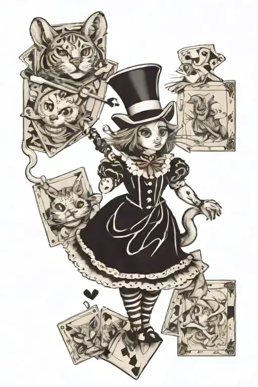 Alice in wonderland, the cat, the rabbit, cards, squares shapes black and white, including text "we are all mad here" tattoo design idea